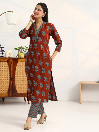 Women Ethnic Motifs Printed Regular Cotton Blend Kurta with Trousers & With Dupatta