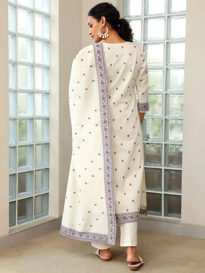 Women's LB Off White Woven Design Chanderi Silk Straight Suit With Dupatta