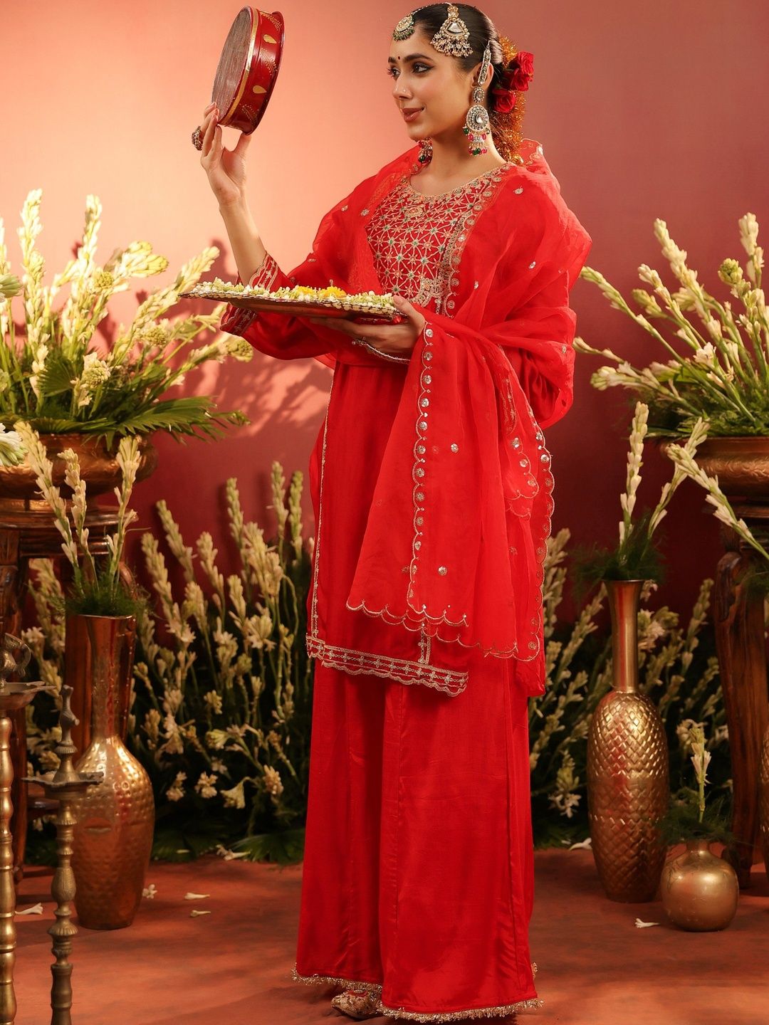 Dhiyona SC Floral Embroidered Round Neck Thread Work Organza Silk Kurta With Palazzo & Dupatta