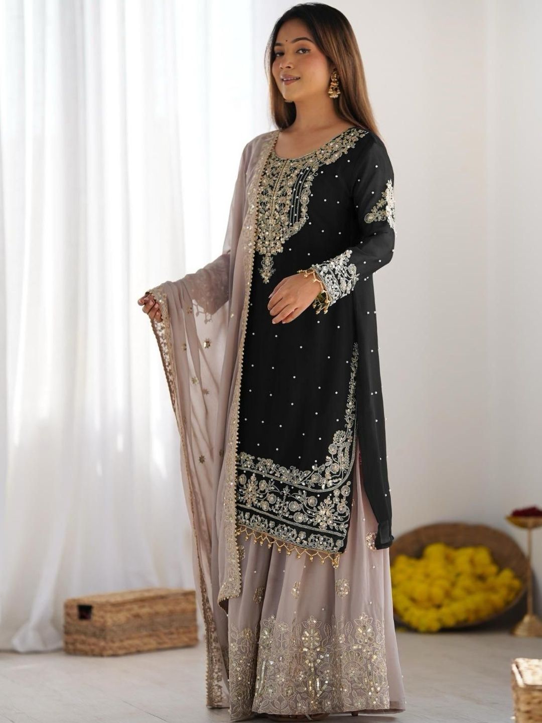 Dhiyona KL Women Ethnic Motifs Embroidered Regular Sequinned Kurta with Sharara & With Dupatta