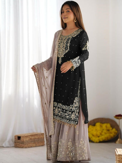 Dhiyona KL Women Ethnic Motifs Embroidered Regular Sequinned Kurta with Sharara & With Dupatta