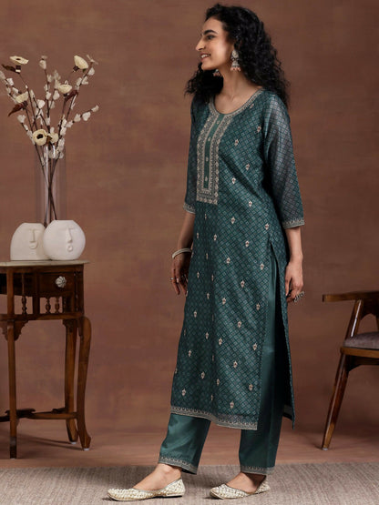 Women's LB Teal Printed Silk Blend Straight Suit With Dupatta