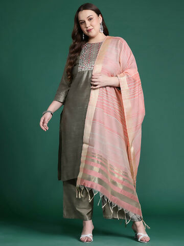 Women's Plus Size Grey Embroidered Straight Kurta Palazzos With Dupatta Set