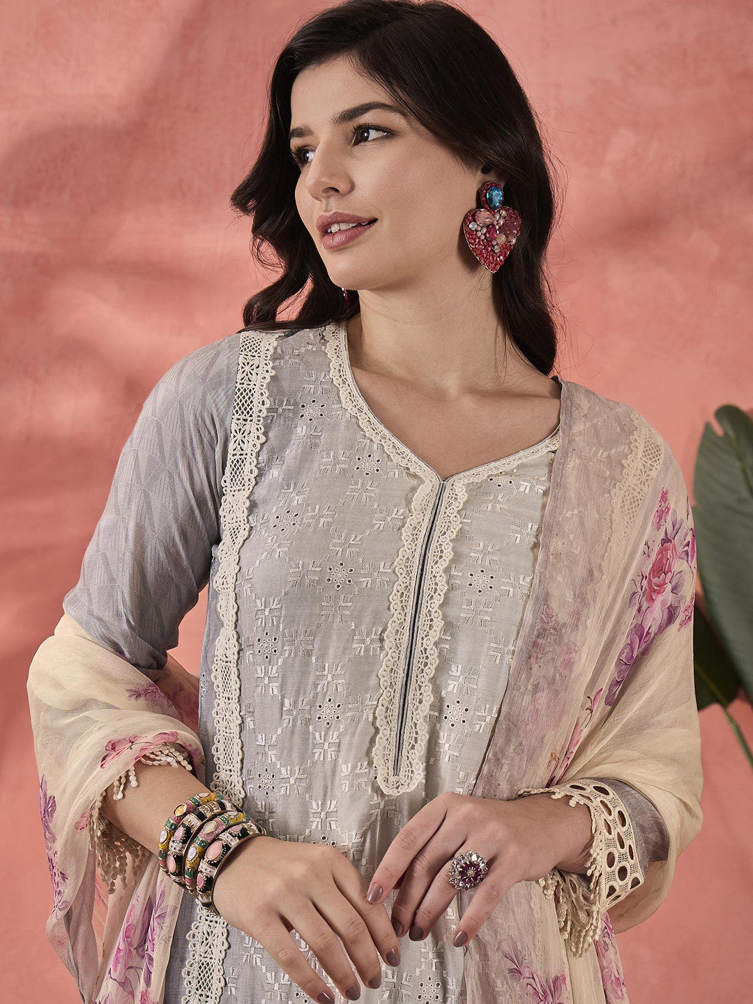 Grey Floral Printed V-Neck Kurta With Trousers And Dupatta