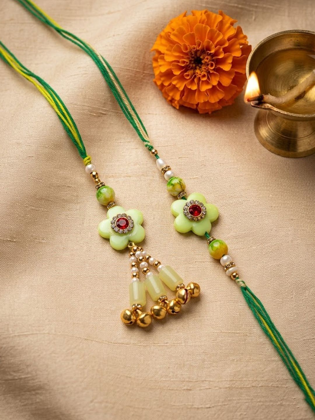 Dhiyona Set Of 2 Flower Shape Artificial Stones & Beads Bhaiya Bhabhi Rakhi With Roli Chawal