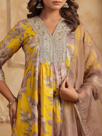 Dhiyona RR Women's Floral Printed Sequinned Pure Cotton Anarkali Kurta with Trousers & Dupatta