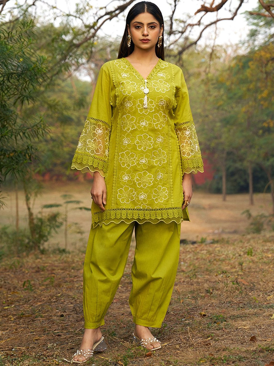 Embroidered Pure Cotton V-Neck Kurti & Salwar