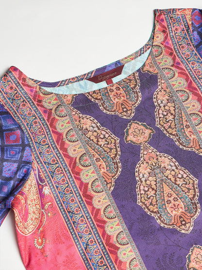 Printed Wool Round Neck Kurta & Trousers with Dupatta set