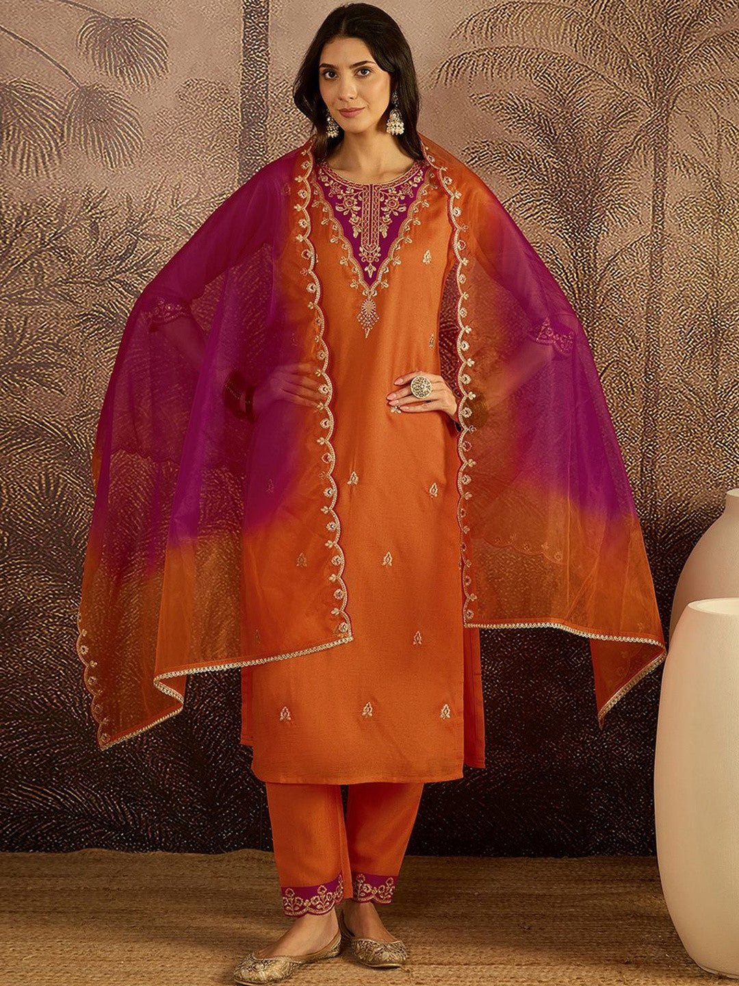 Dhiyona SN Embroidered Round Neck Kurta Trousers & Dupatta