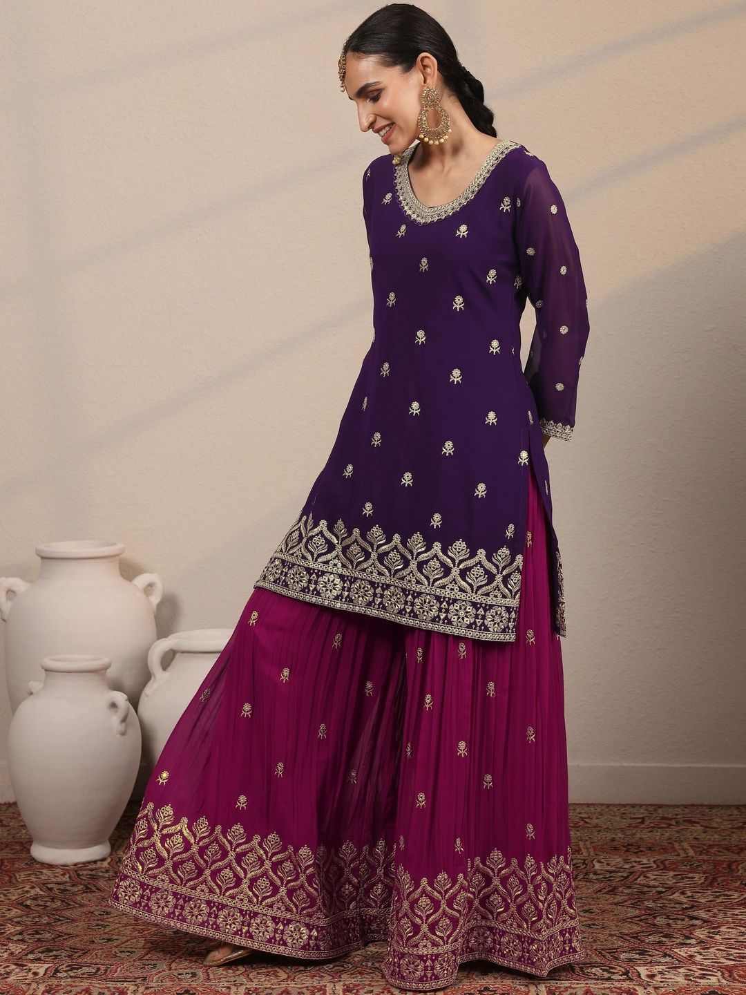 Dhiyona LL Women Ethnic Motifs Embroidered Regular Kurta with Sharara & With Dupatta