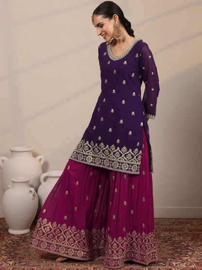 Dhiyona LL Women Ethnic Motifs Embroidered Regular Kurta with Sharara & With Dupatta
