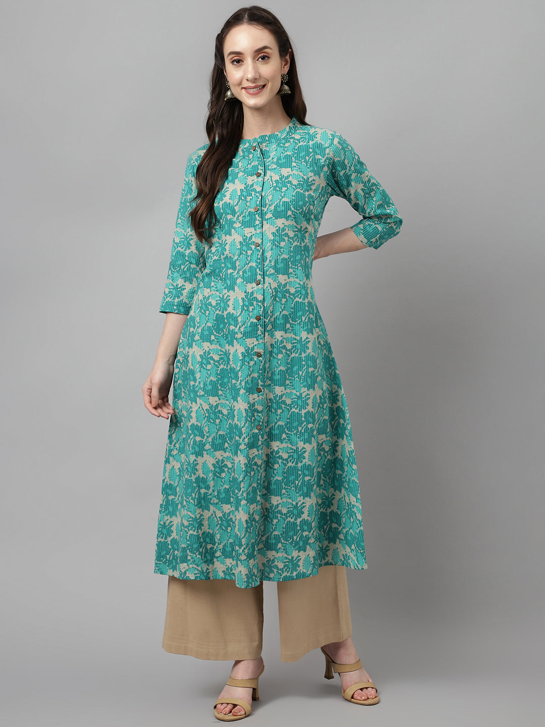 Women's Floral Printed Teal Green Cotton A-Line Kurta