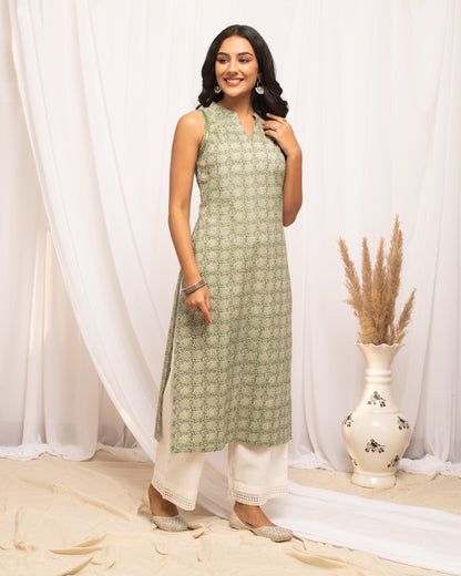 Women's Light Green Floral Printed Cotton Straight Kurta