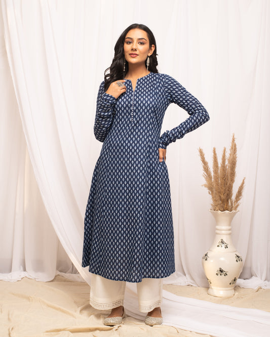 Women's Floral Printed Navy Blue Cotton A-Line Kurta