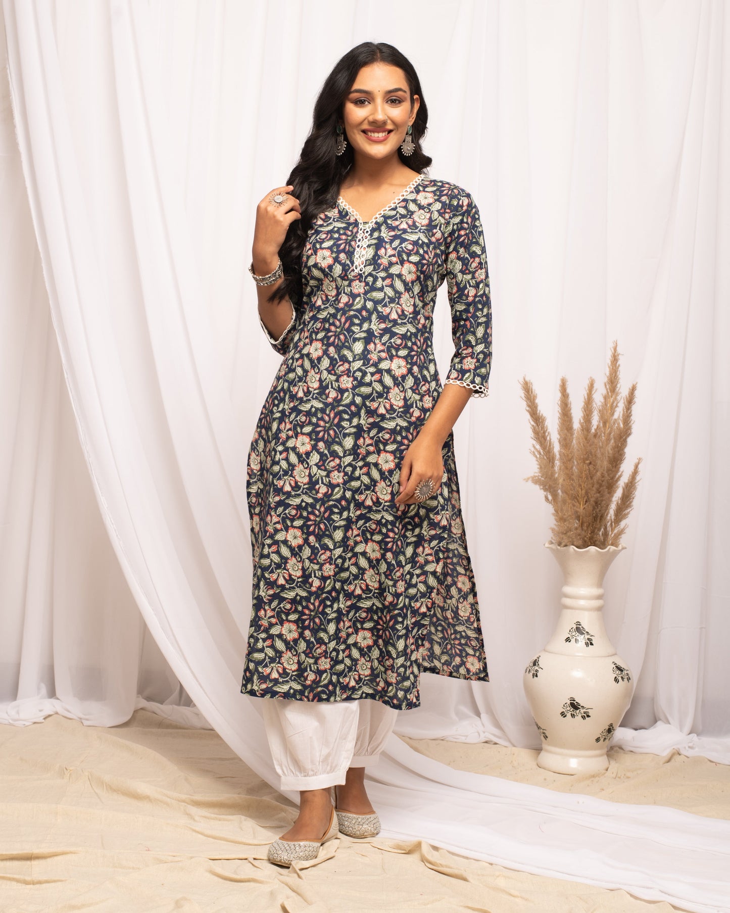 Women's Floral Printed Blue Cotton Straight Kurta