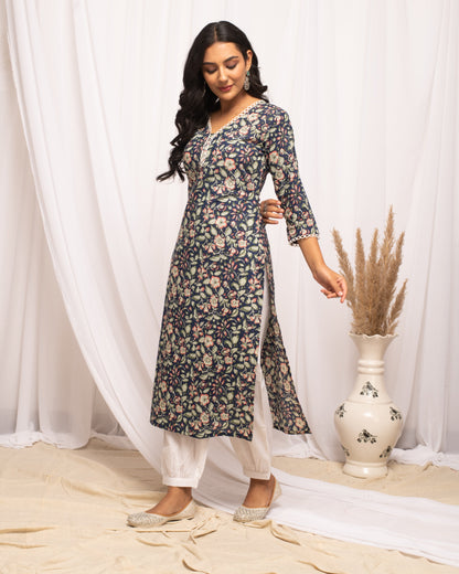 Women's Floral Printed Blue Cotton Straight Kurta