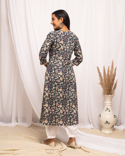 Women's Floral Printed Blue Cotton Straight Kurta