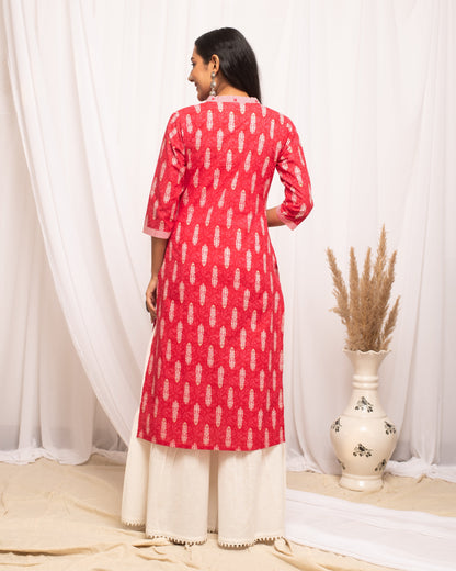 Women's Rani Pink Leaf Printed Cotton Straight Kurta