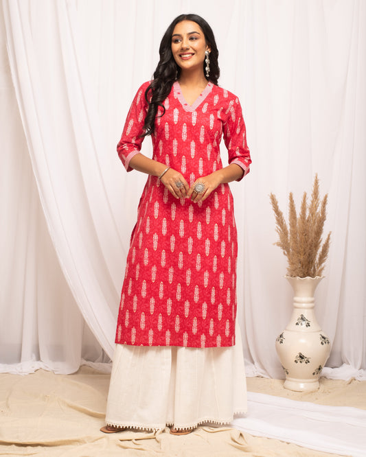 Women's Rani Pink Leaf Printed Cotton Straight Kurta