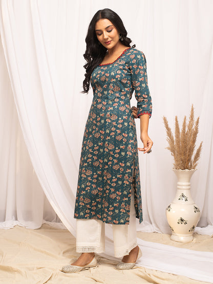 Dhiyona FL Women's Turquise Floral Printed Cotton Straight Kurta