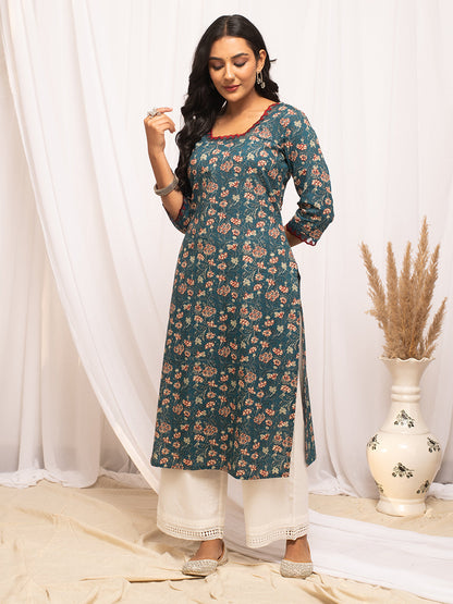 Dhiyona FL Women's Turquise Floral Printed Cotton Straight Kurta
