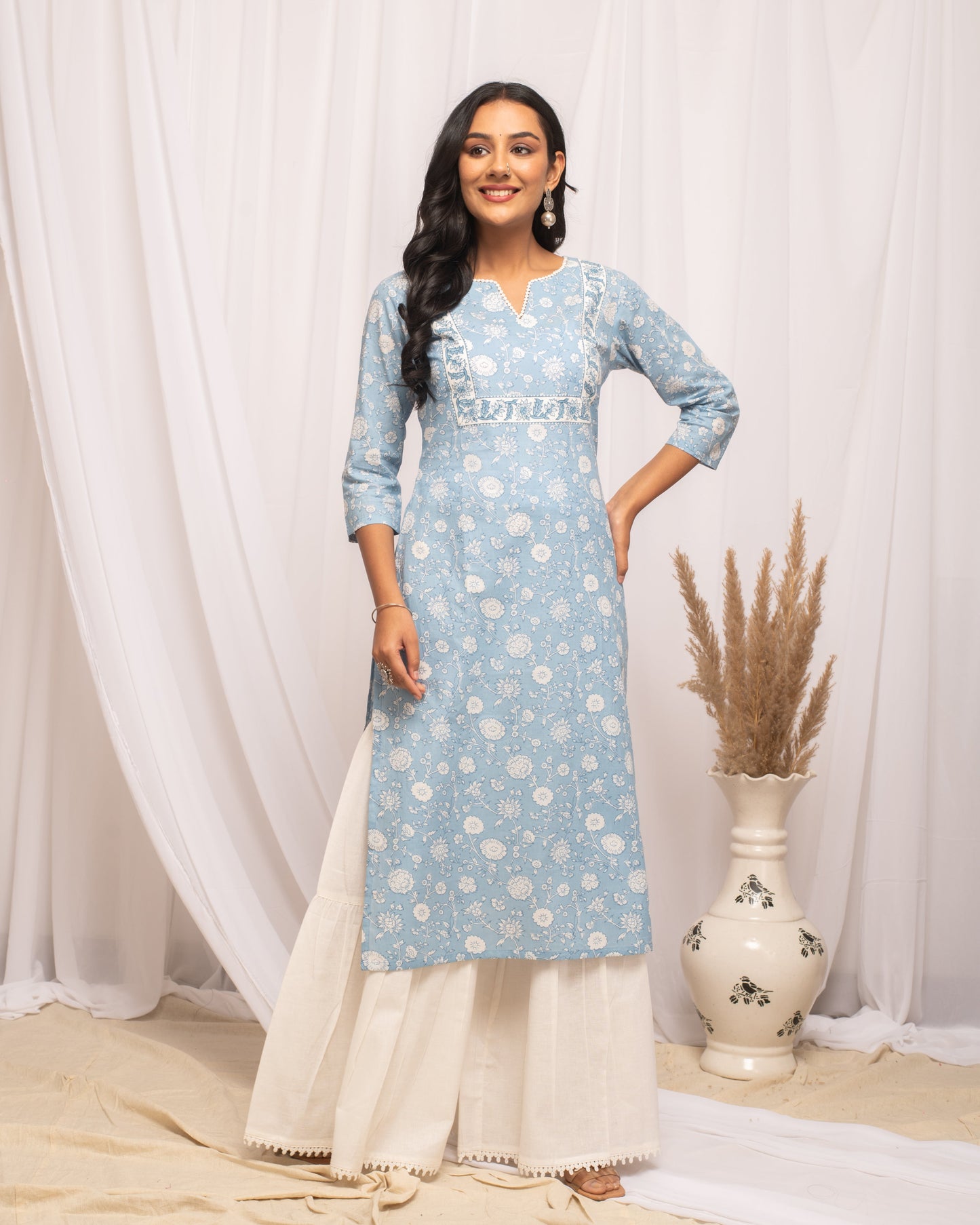 Women's Floral Printed Sky Blue Cotton Straight Kurta