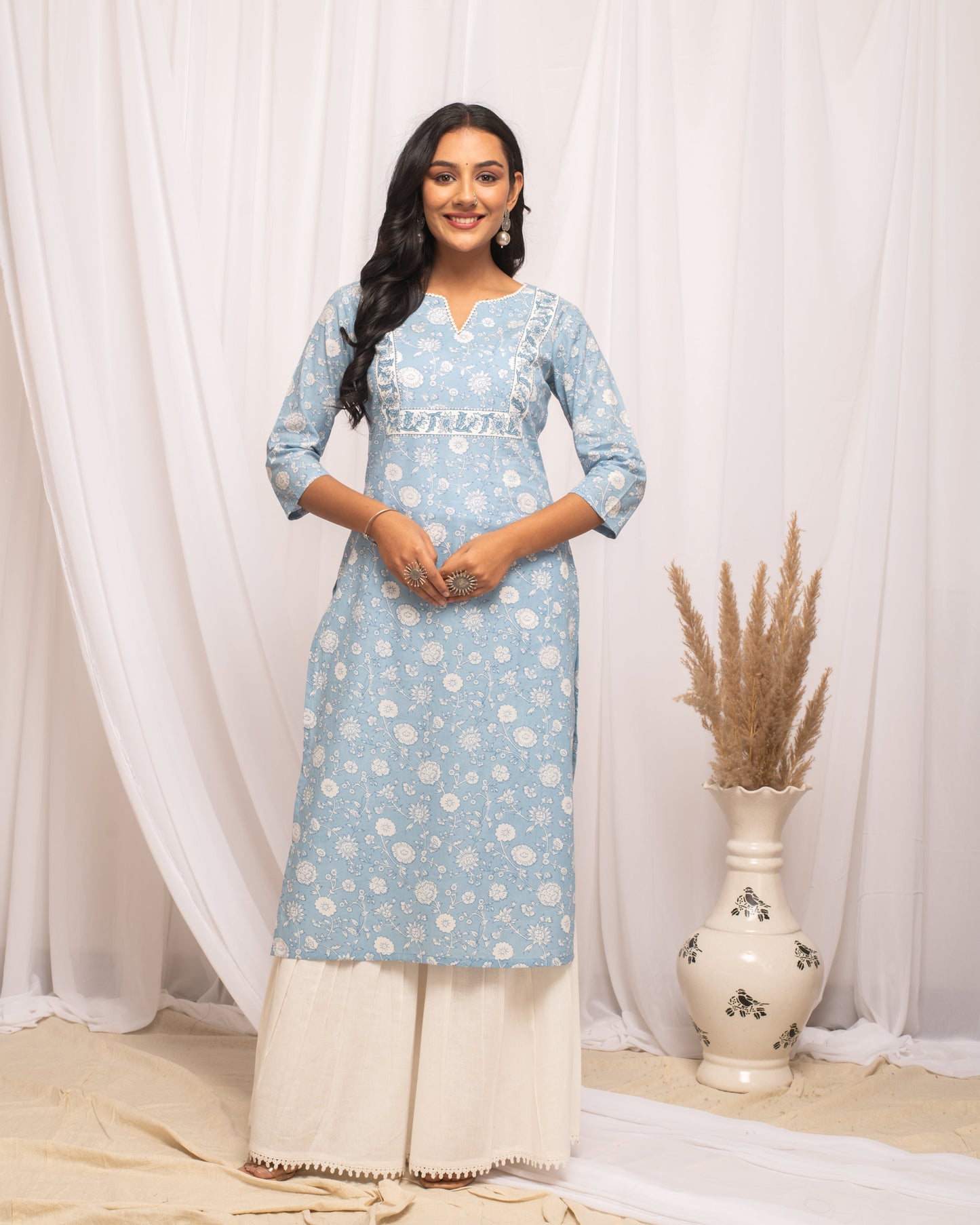 Women's Floral Printed Sky Blue Cotton Straight Kurta