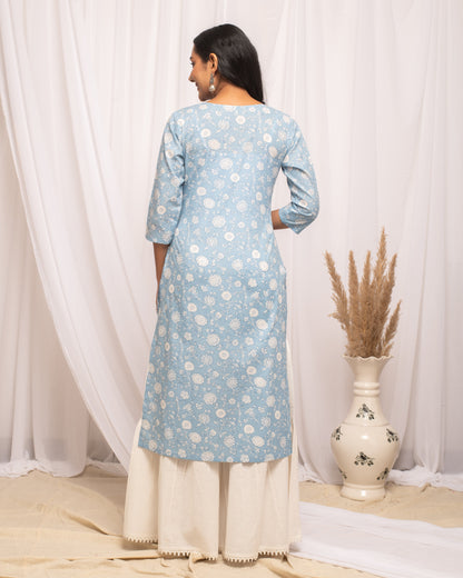 Women's Floral Printed Sky Blue Cotton Straight Kurta