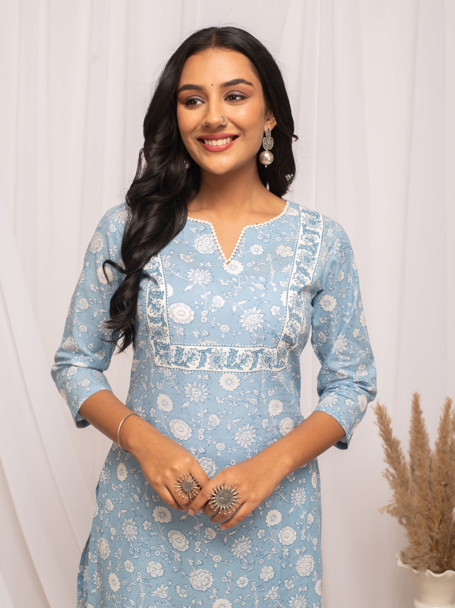 Women's Floral Printed Sky Blue Cotton Straight Kurta