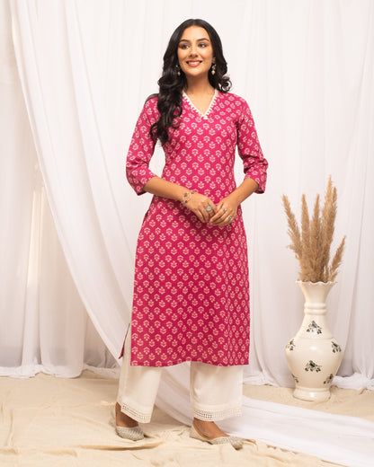 Women's Floral Printed Pink Cotton Straight Kurta