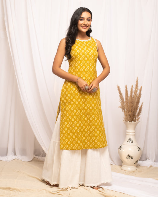 Women's Floral Printed Yellow Cotton Straight Kurta