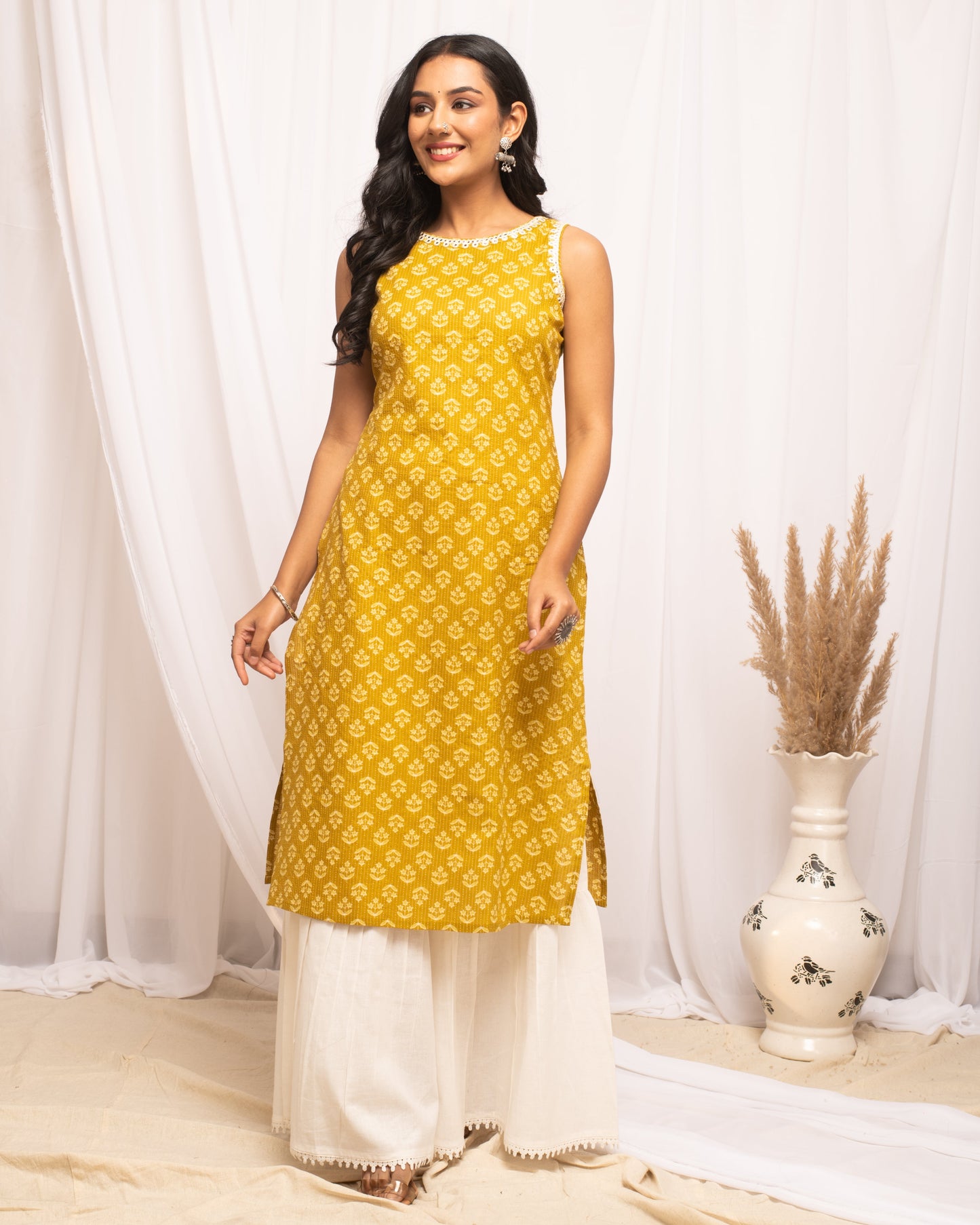 Women's Floral Printed Yellow Cotton Straight Kurta