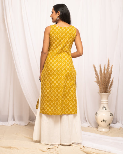 Women's Floral Printed Yellow Cotton Straight Kurta