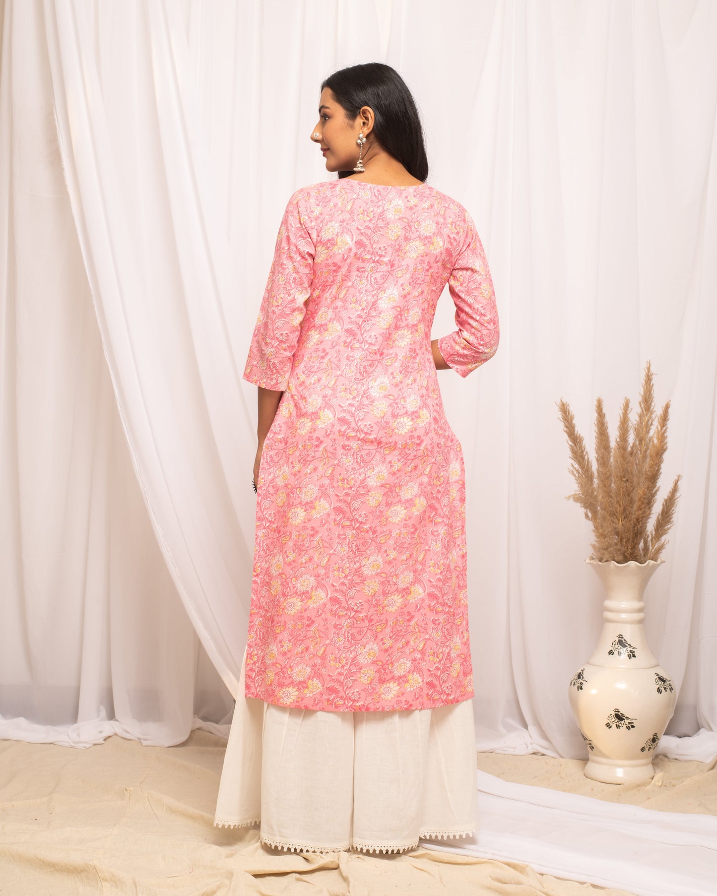 Women's Floral Printed Peach Cotton Straight Kurta