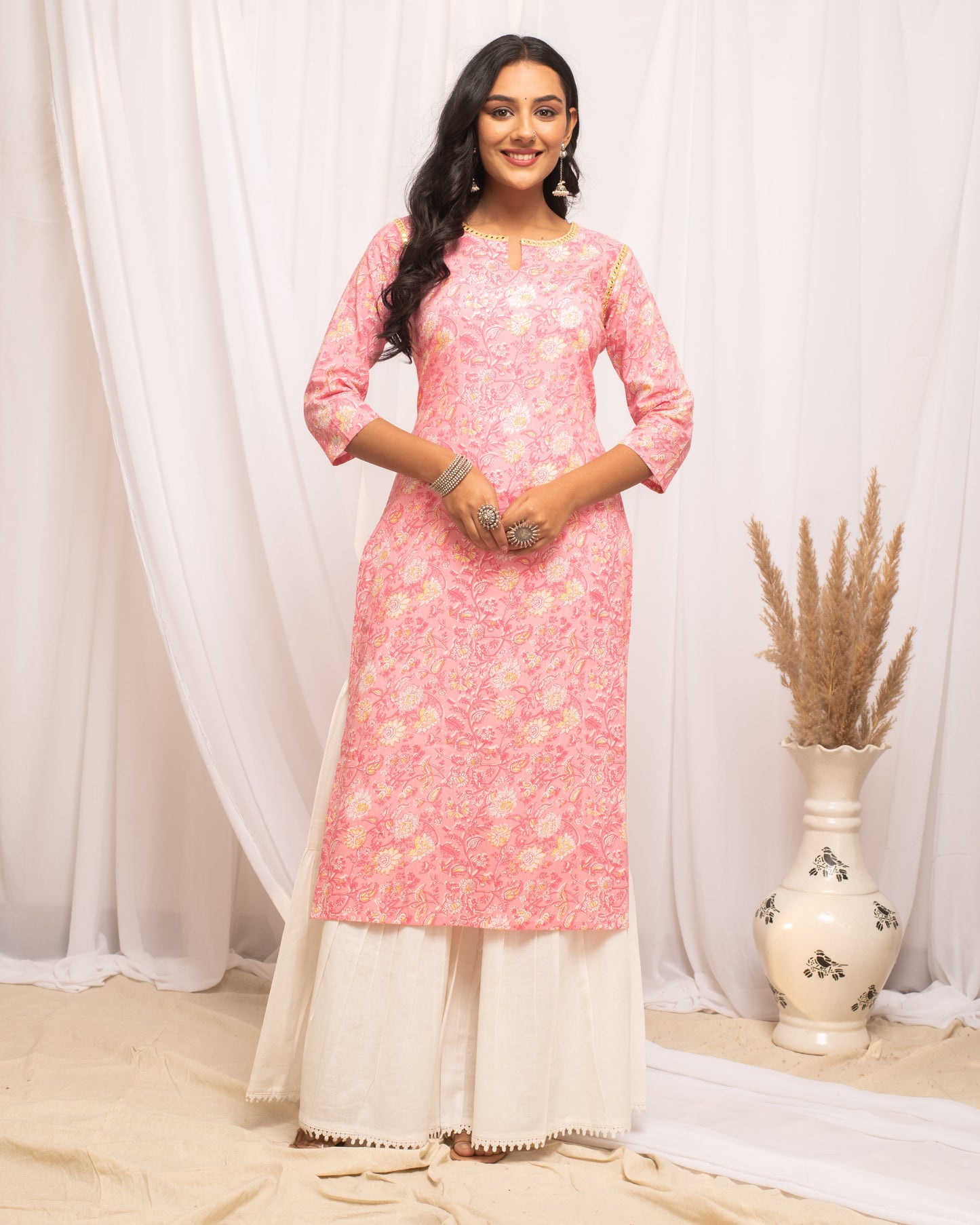 Women's Floral Printed Peach Cotton Straight Kurta