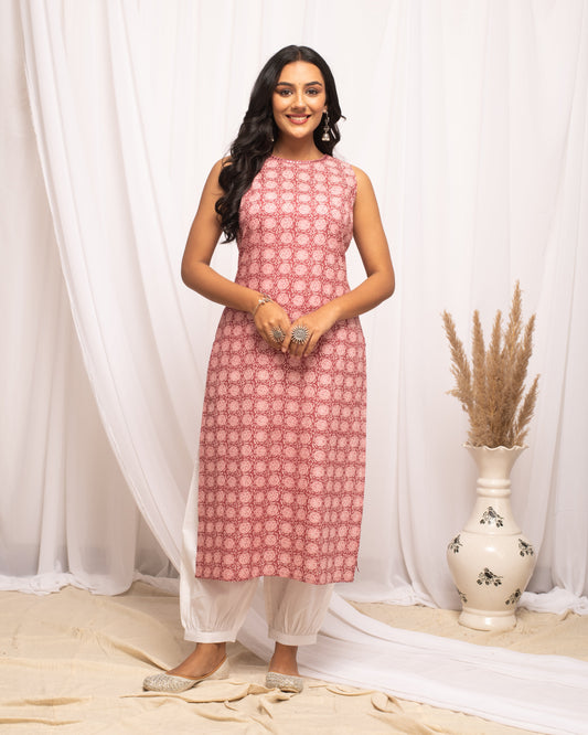 Women's Floral Printed Pink Cotton Straight Kurta