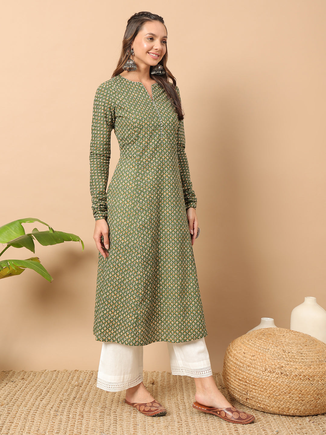 Women's Floral Printed Green Cotton A-Line Kurta