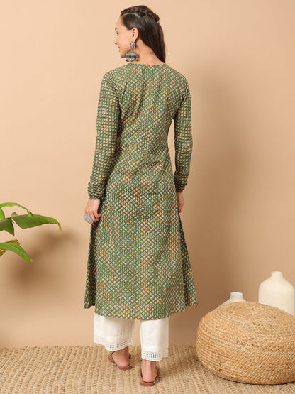 Women's Floral Printed Green Cotton A-Line Kurta