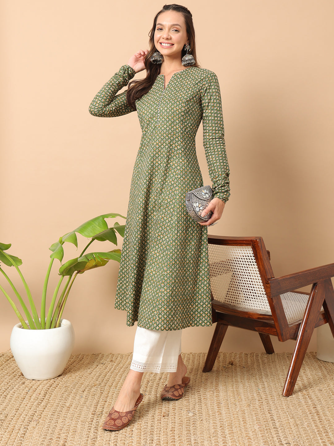 Women's Floral Printed Green Cotton A-Line Kurta