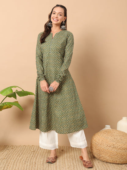 Women's Floral Printed Green Cotton A-Line Kurta