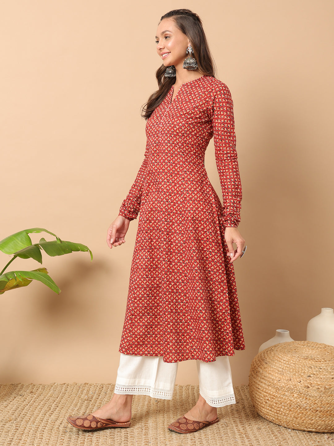 Women's Floral Printed Red Cotton A-Line Kurta