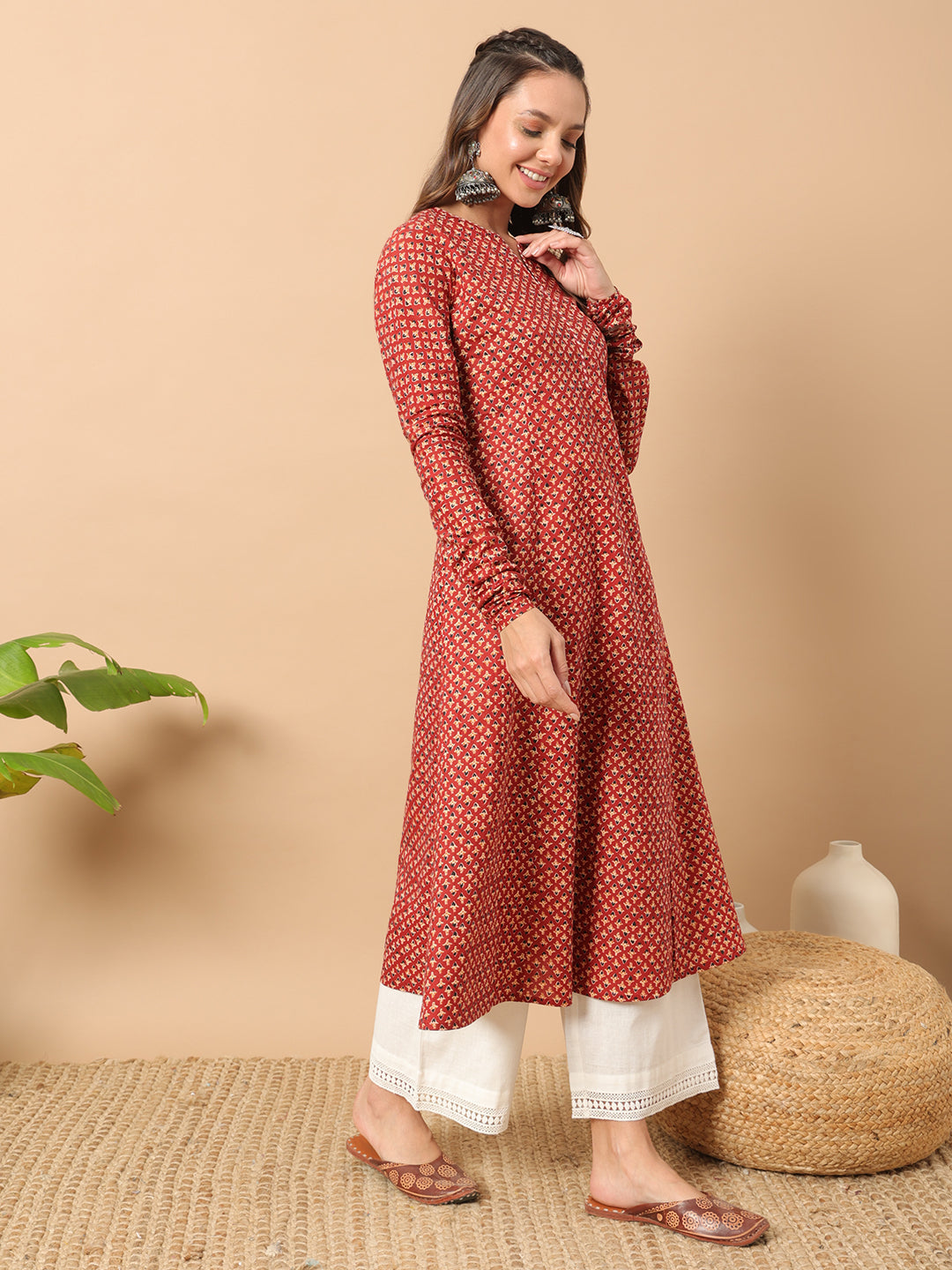 Women's Floral Printed Red Cotton A-Line Kurta