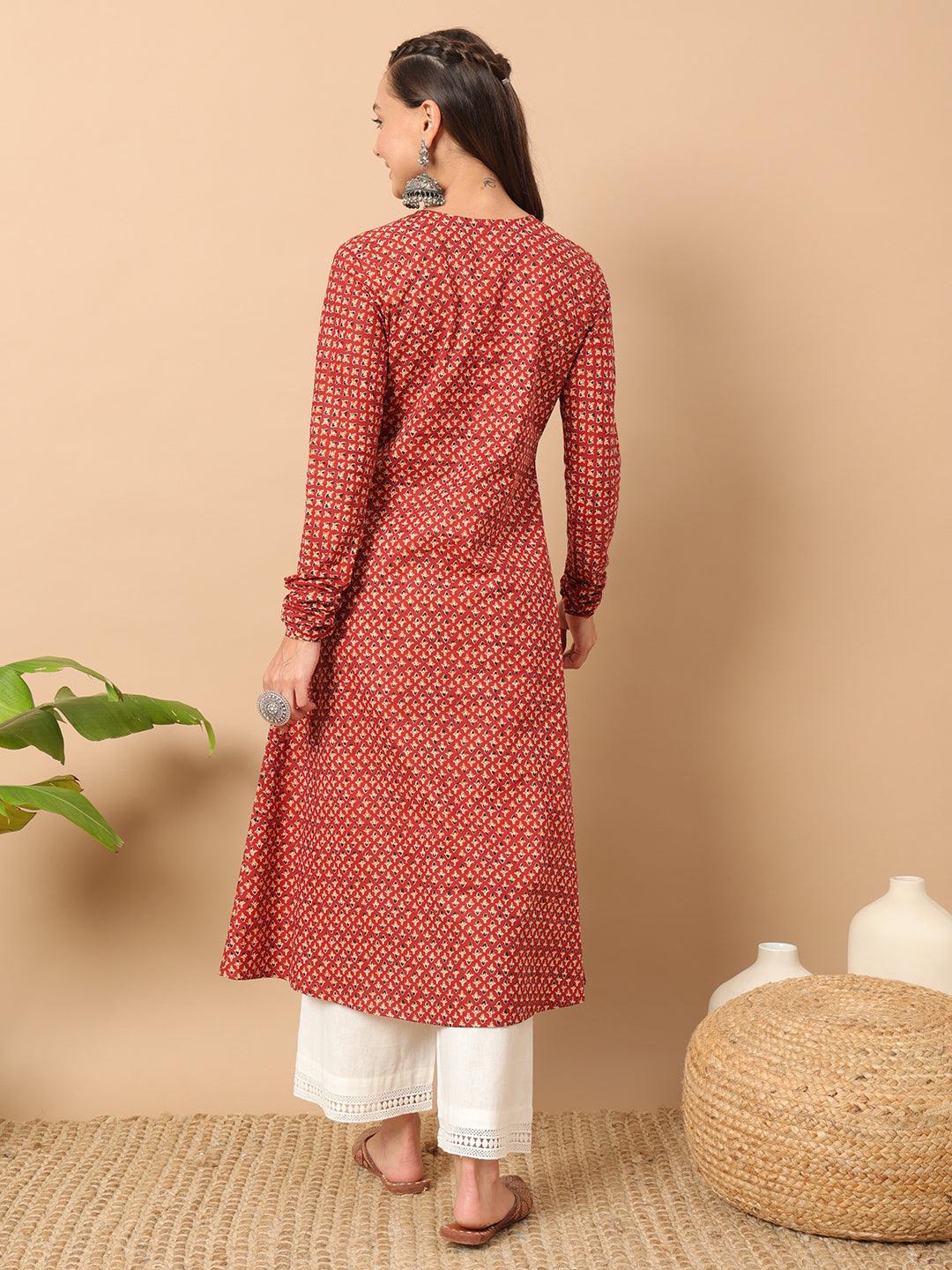 Women's Floral Printed Red Cotton A-Line Kurta