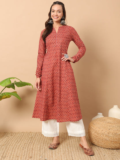 Women's Floral Printed Red Cotton A-Line Kurta