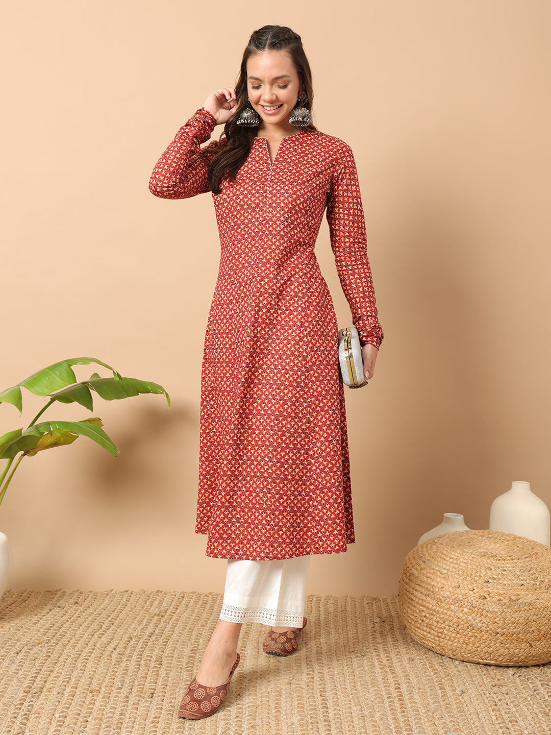 Women's Floral Printed Red Cotton A-Line Kurta