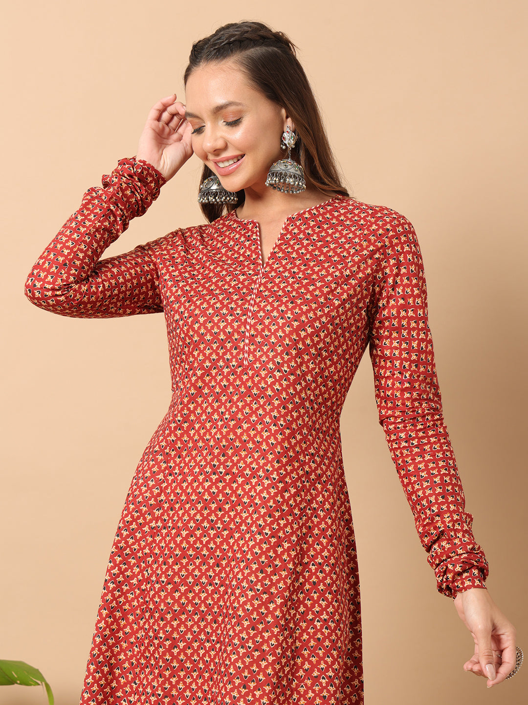 Women's Floral Printed Red Cotton A-Line Kurta