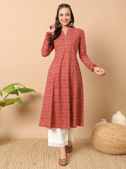 Women's Floral Printed Red Cotton A-Line Kurta