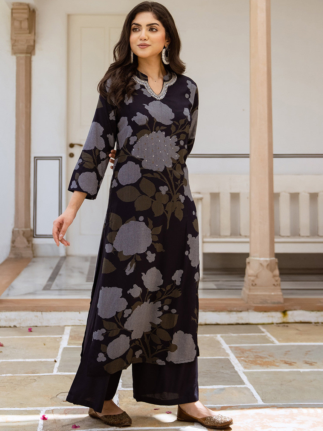 Floral Printed Notch Neck Sequinned Straight Kurta & Palazzos