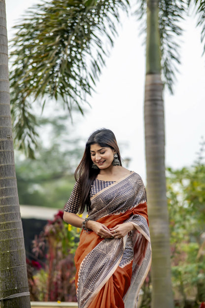 Women Yogita Madhubani 3 Orange Saree With Unstiched Blouse