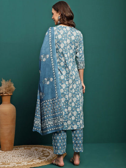 Floral Printed Gotta Patti Pure Cotton Kurta With Trousers & Dupatta